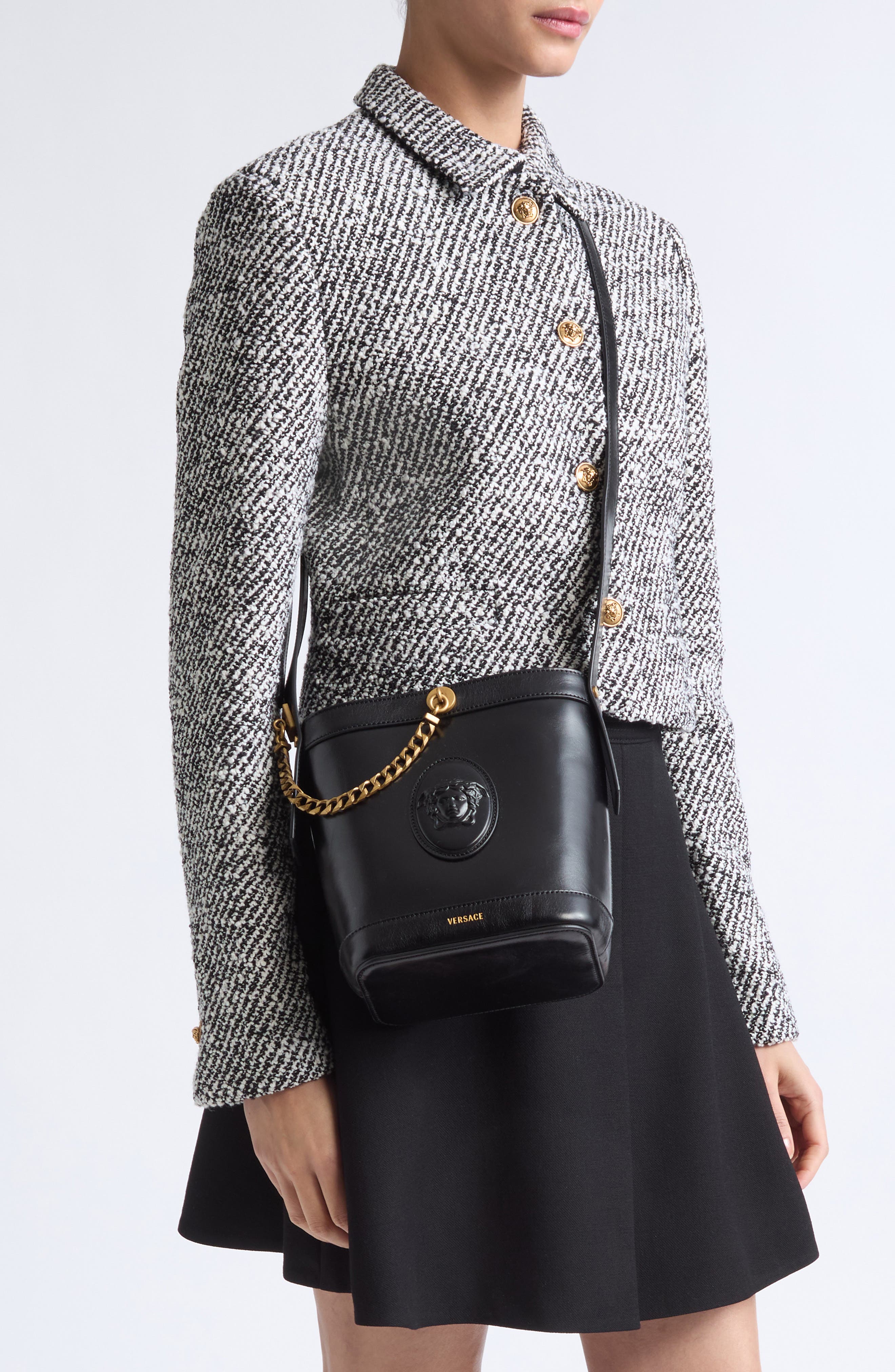Mini Pivot Leather Bucket Bag, Alternate, color, 1B55J-BLACK-GOLD 82
