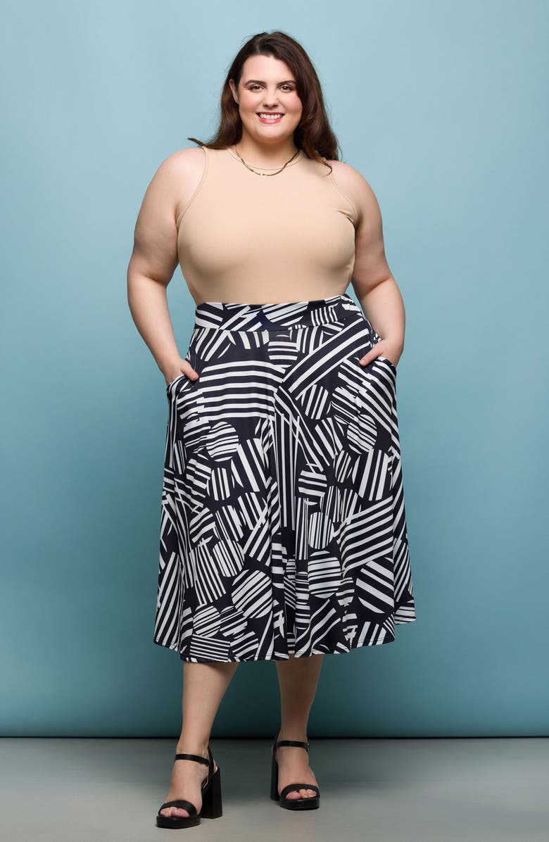 24seven Comfort Apparel Pull-On Midi Skirt, Alternate, color, Black Multi