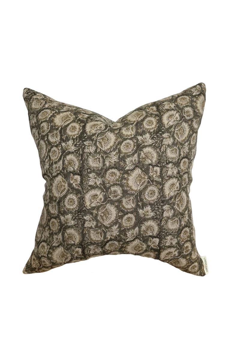 Jordan Charcoal Tan Floral Handblock Pillow Cover, Main, color, Charcoal Gray