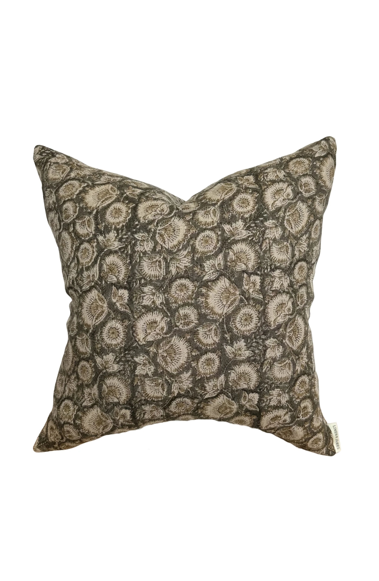 Linen & James Jordan Charcoal Tan Floral Handblock Pillow Cover - Charcoal Gray, 22x22
