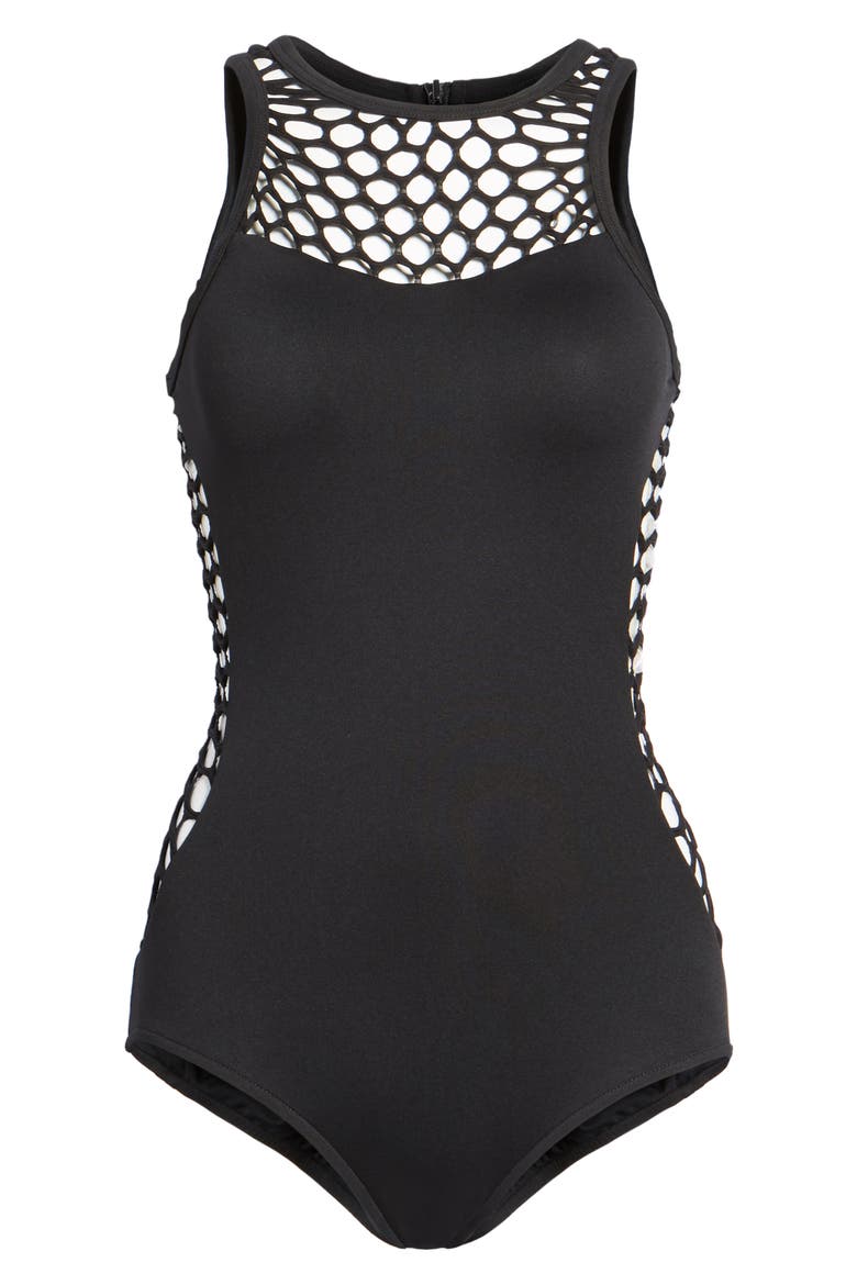 'Mesh About' High Neck One-Piece Swimsuit, Alternate, color, BLACK
