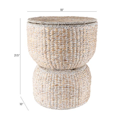 Happimess Bhola Hourglass Handwoven Hyacinth Storage Accent Table With Lid In White Wash