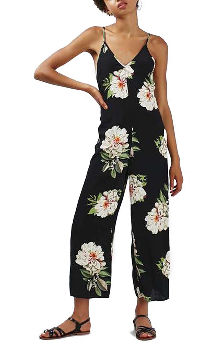 Topshop 'Vanilla Bloom' Lace-Up Back Jumpsuit, Main, color, 