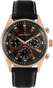 Peugeot Dynamic Multi Function Carbon Fiber Dial Leather Watch- 43MM