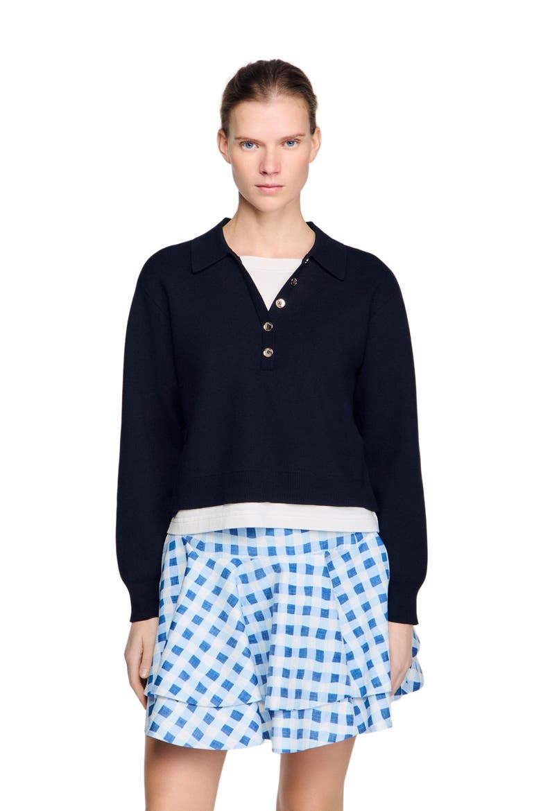 Metal button layered collar sweater, Main, color, Navy blue
