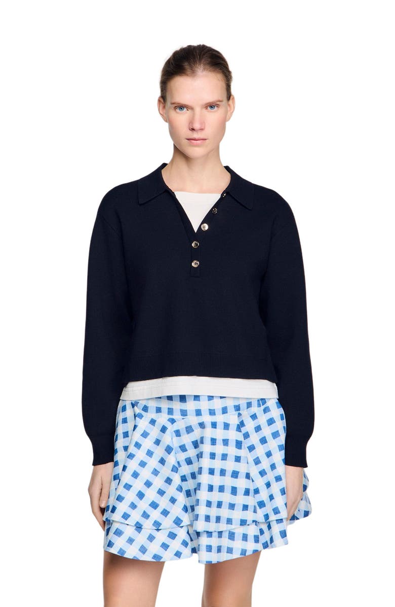 SANDRO Metal button layered collar sweater, Main, color, Navy Blue
