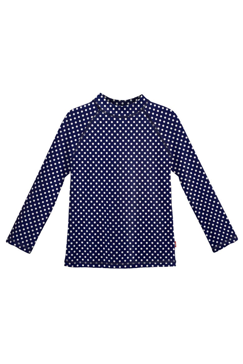 Girls UPF 50+ Long Sleeve Rashguard, Main, color, Navy w/ White Polka Dots