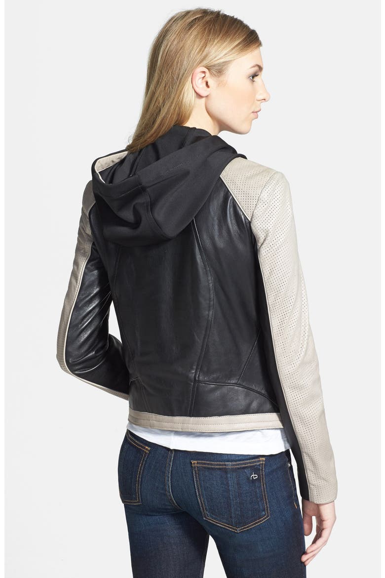 Leather Biker Jacket with Removable Hooded Insert, Alternate, color, MOON/ BLACK