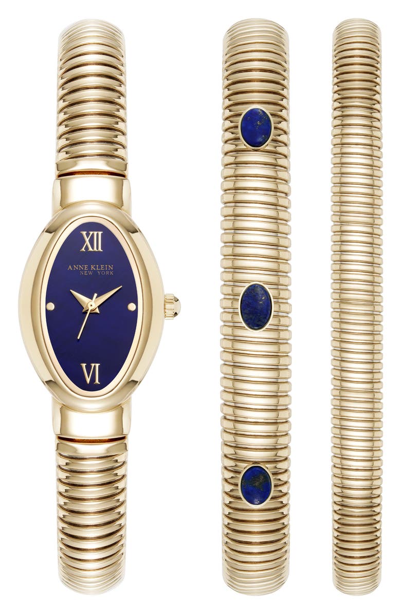 Anne Klein Set of 3 Oval Bracelet Watch & Bracelets, Main, color, Goldtone/ Blue