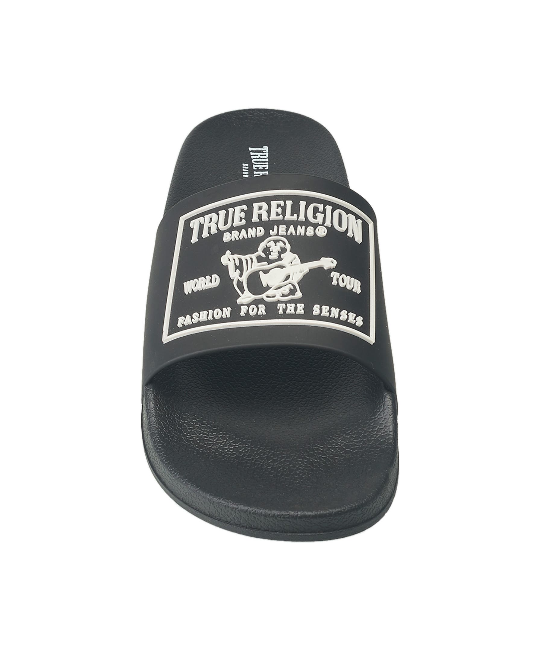 True Religion Kendrick Logo Slide, Alternate, color, Black