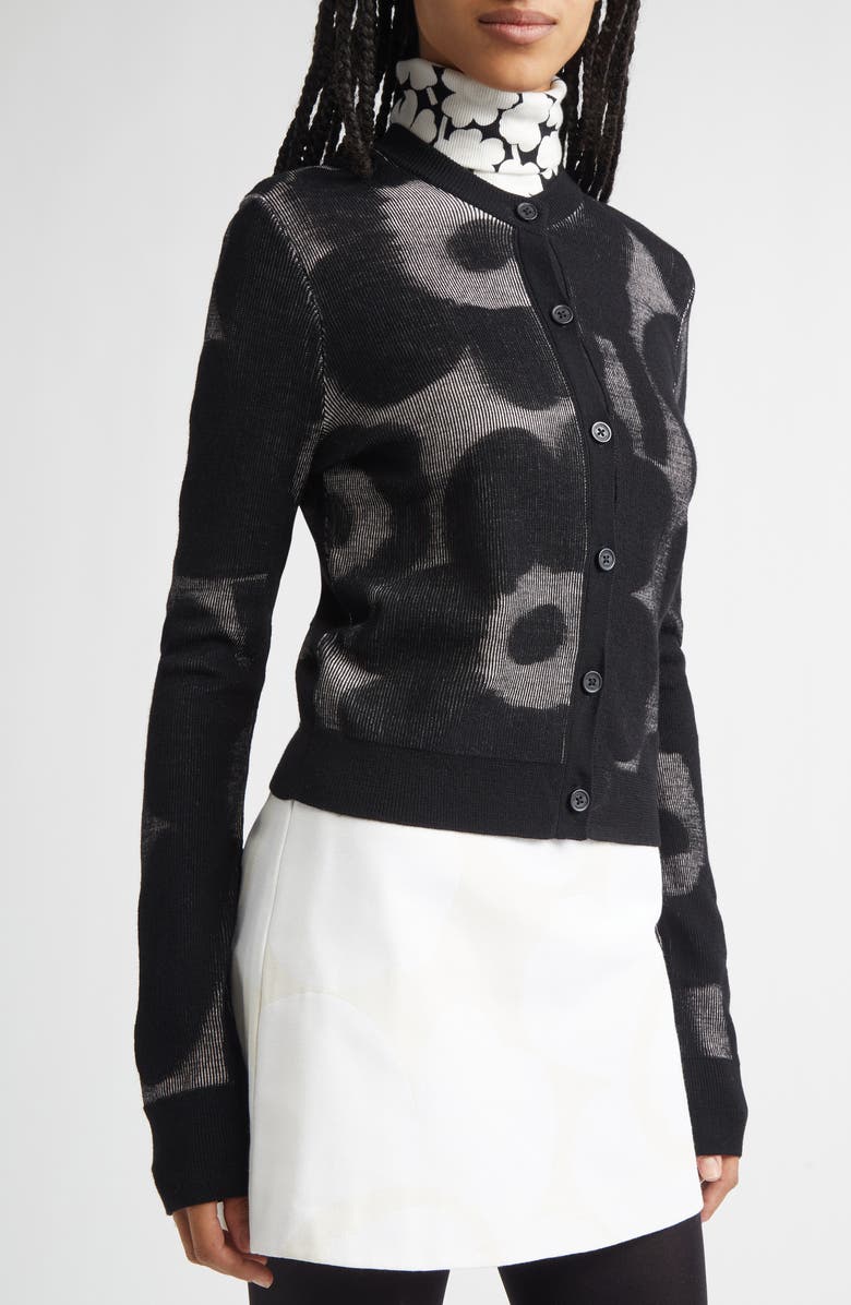 Marimekko Innoittaa Unikko Jacquard Rib Wool Blend Cardigan, Alternate, color, Black Light Pink