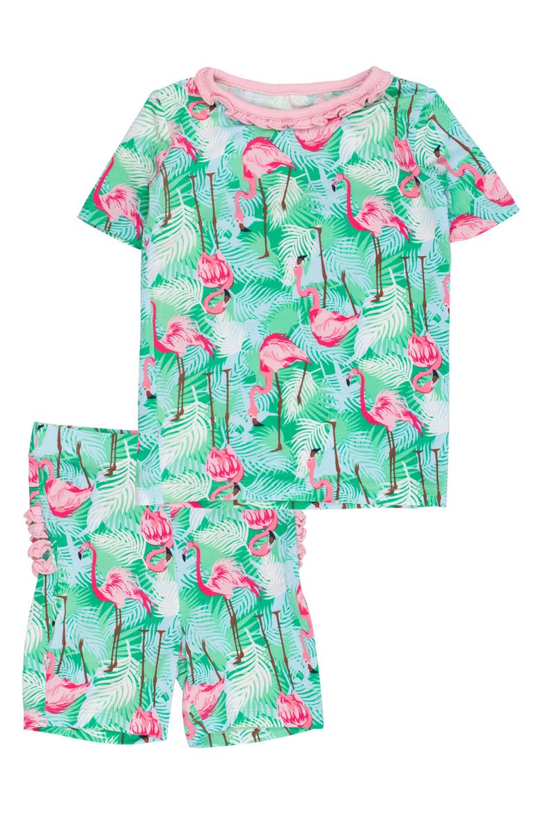 Ruffle Short Sleeve Pajama Set, Main, color, Green Vibrant Flamingo