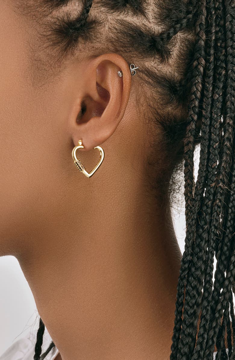 Sterling Forever Rootbeer CZ Heart Carabiner Lock Hoop Earrings, Alternate, color, Gold