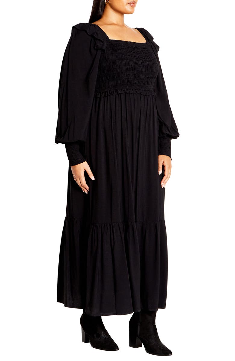 City Chic Sadie Smocked Bodice Long Sleeve Maxi Dress, Alternate, color, Black