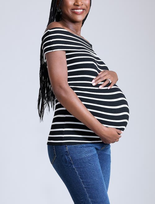 Motherhood Maternity Rib Knit Short Sleeve Off The Shoulder Top In Black & White Stripe