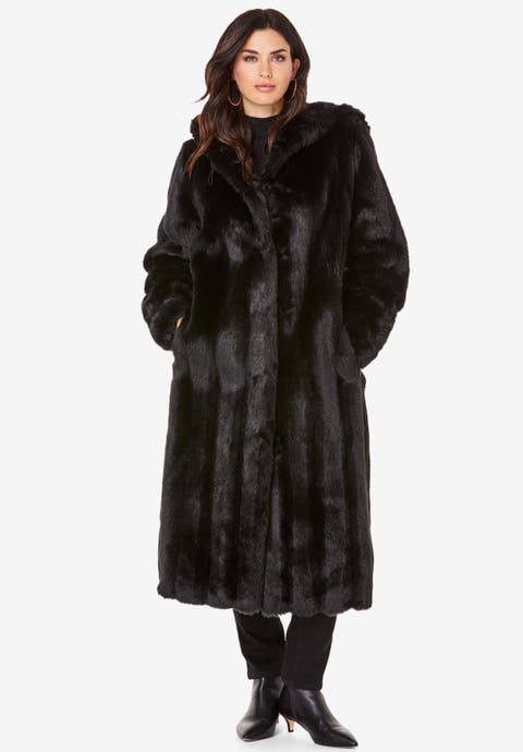 Plus Size Hooded Faux Fur Coat