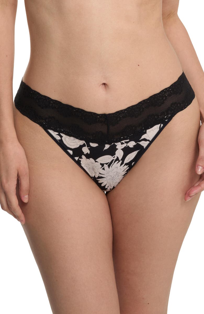 Natori Bliss Perfection One Size Thong, Main, color, Black Garden Rose Print