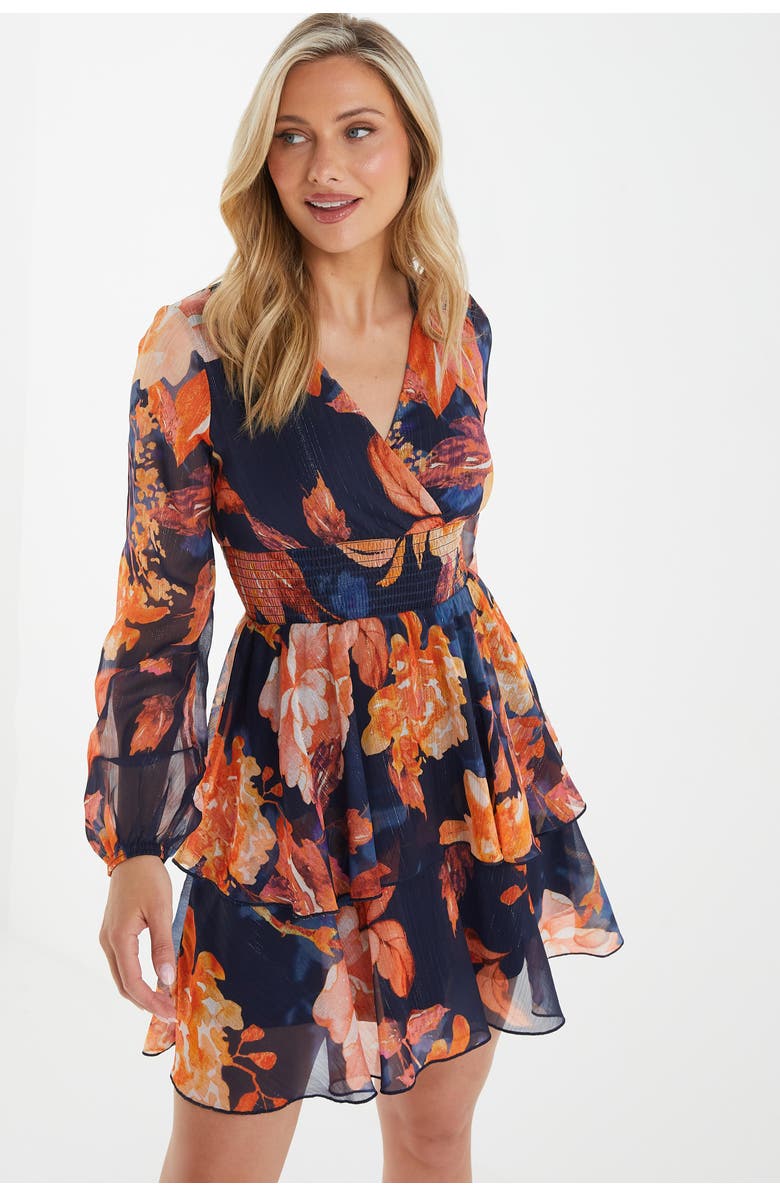 QUIZ Chiffon Floral Lurex Long Sleeve Skater Dress, Main, color,