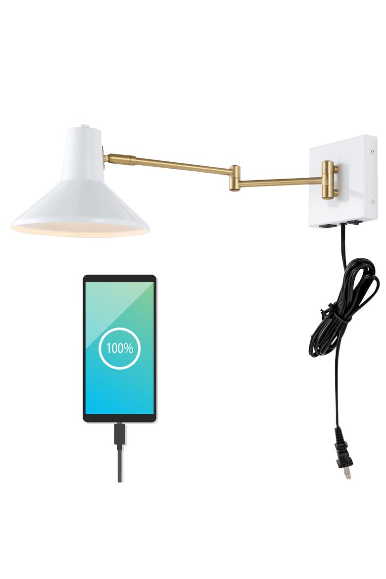 Hygge Swing Arm 1-Light Modern Midcentury Iron USB Charging Port LED Sconce, Main, color, White