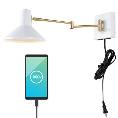 Hygge Swing Arm 1-Light Modern Midcentury Iron USB Charging Port LED Sconce