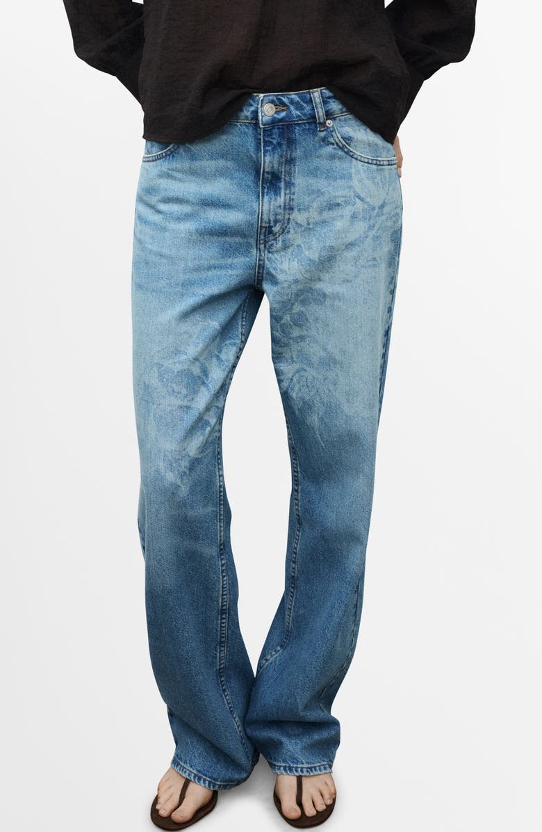 MANGO Floral Straight Leg Jeans, Main, color, Medium Blue