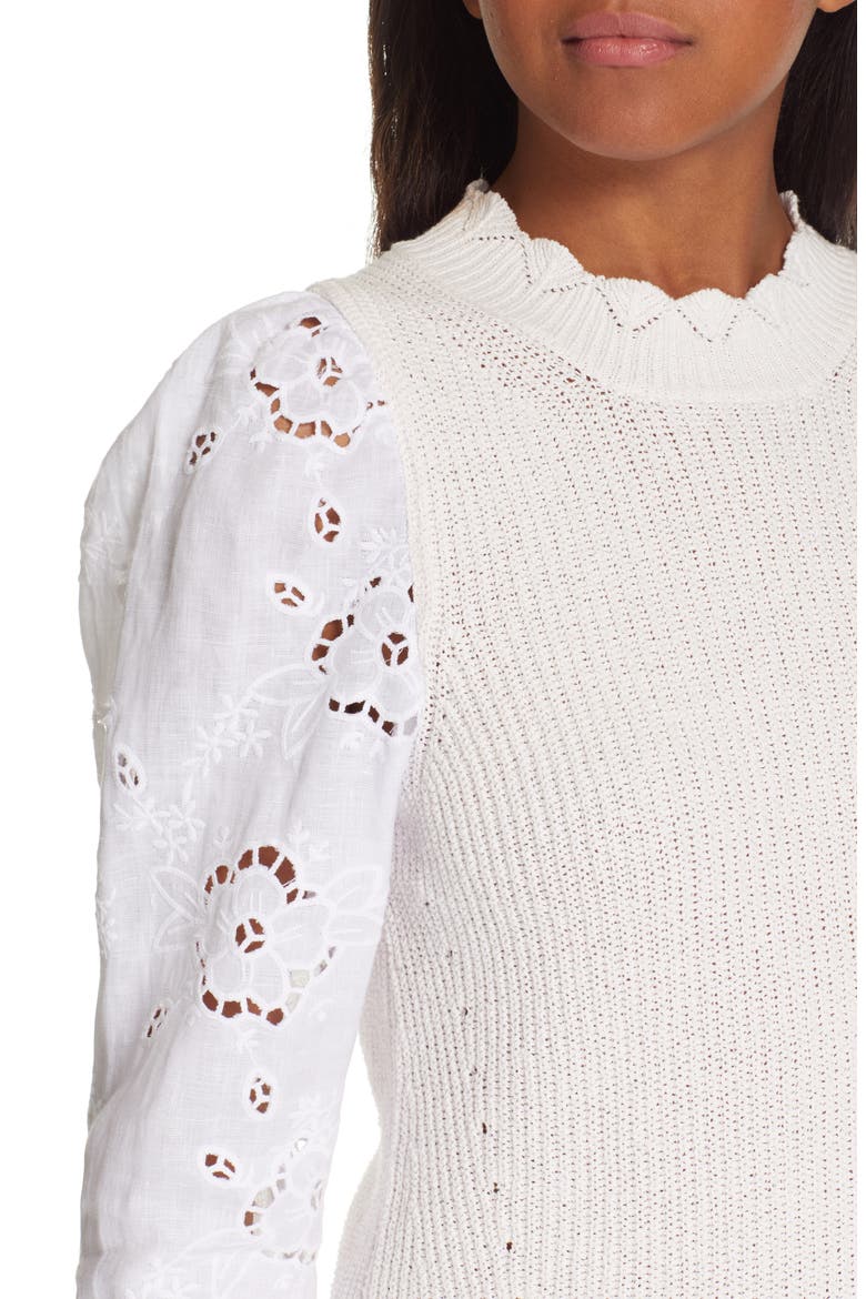 Mix Media Eyelet Sleeve Cotton Sweater, Alternate, color, WASHED PETAL