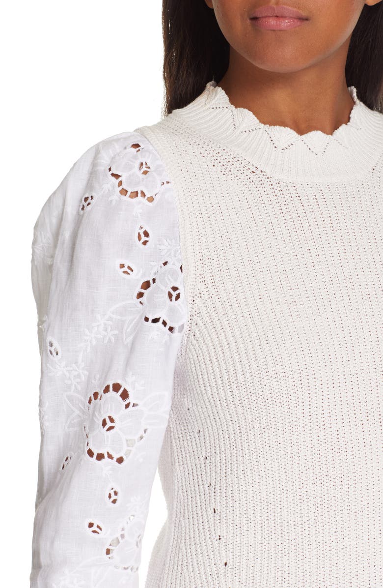 Rebecca Taylor Mix Media Eyelet Sleeve Cotton Sweater, Alternate, color, 