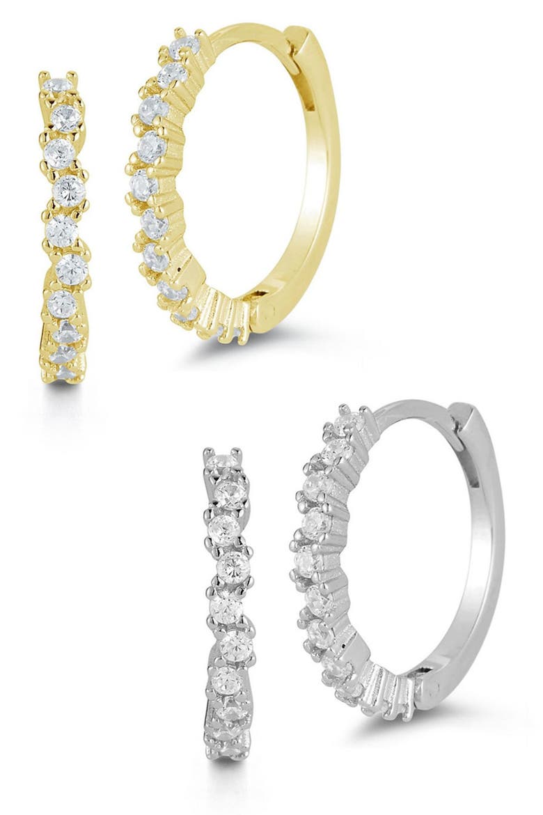 Yellow Gold Vermeil & Sterling Silver CZ Huggie Earrings Set, Main, color, YELLOW GOLD & SILVER