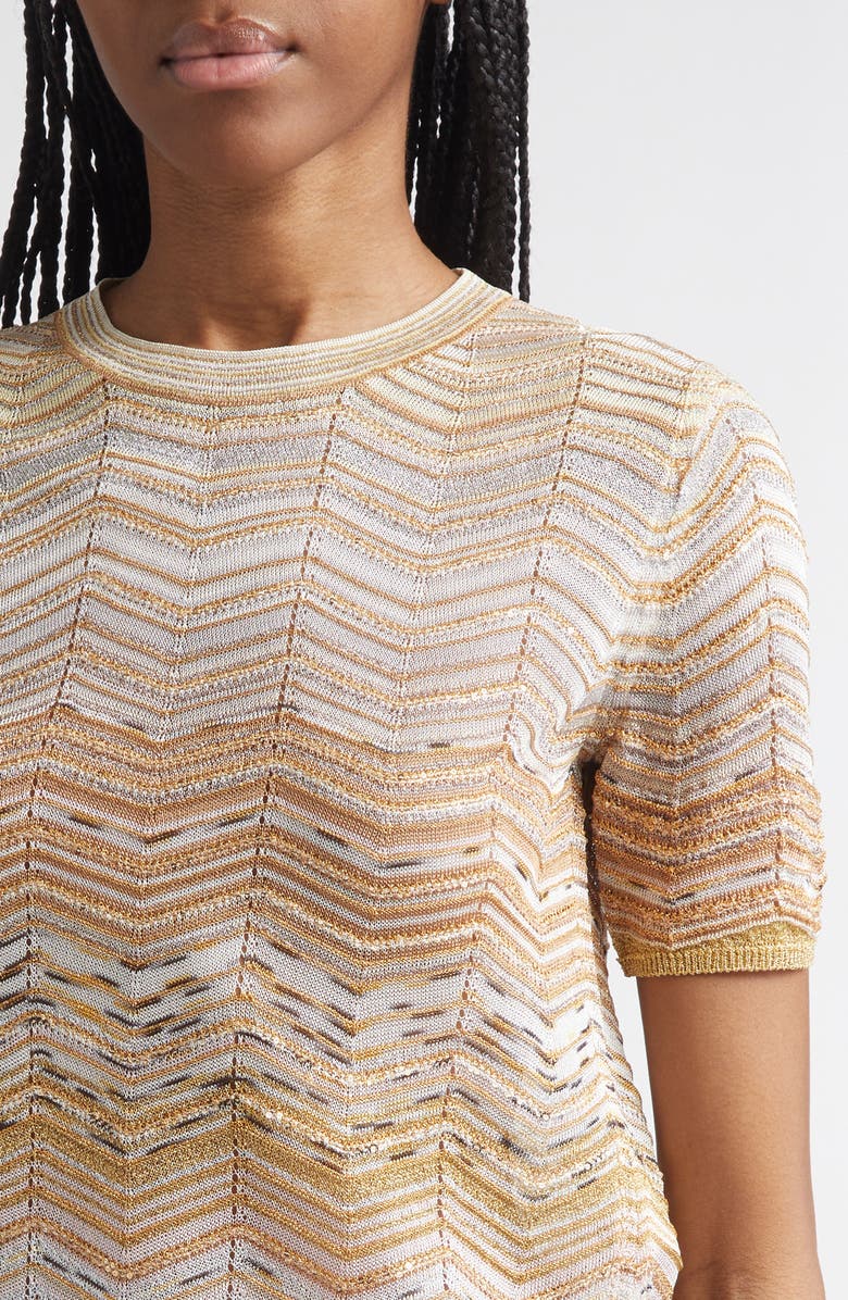 Missoni Zigzag Metallic Sequin Short Sleeve Crewneck Sweater, Alternate, color, Light Gold Tones