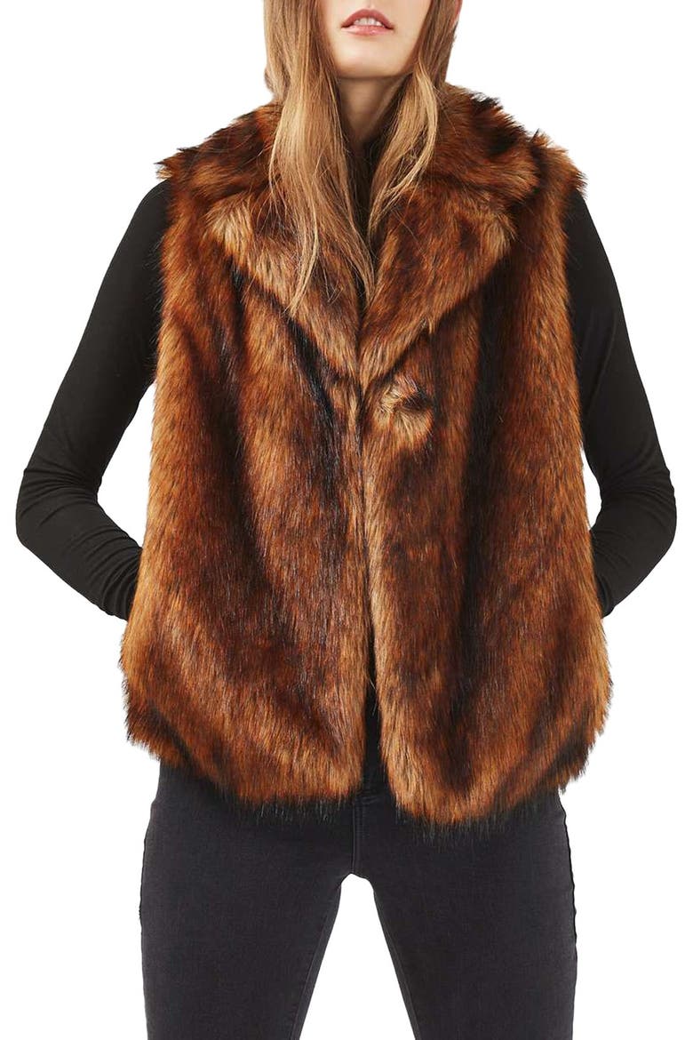 Faux Fur Vest, Main, color, BROWN