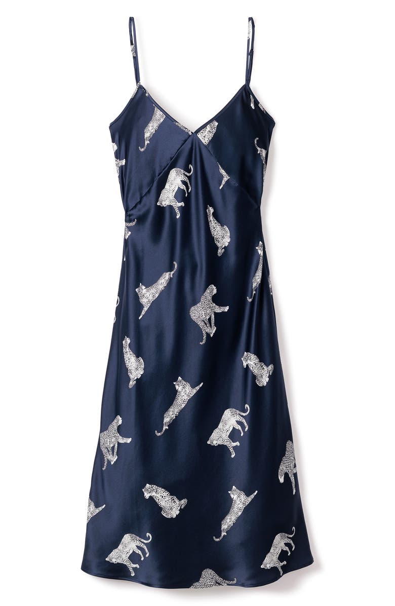 Petite Plume Panther Print Mulberry Silk Nightgown, Alternate, color, Navy