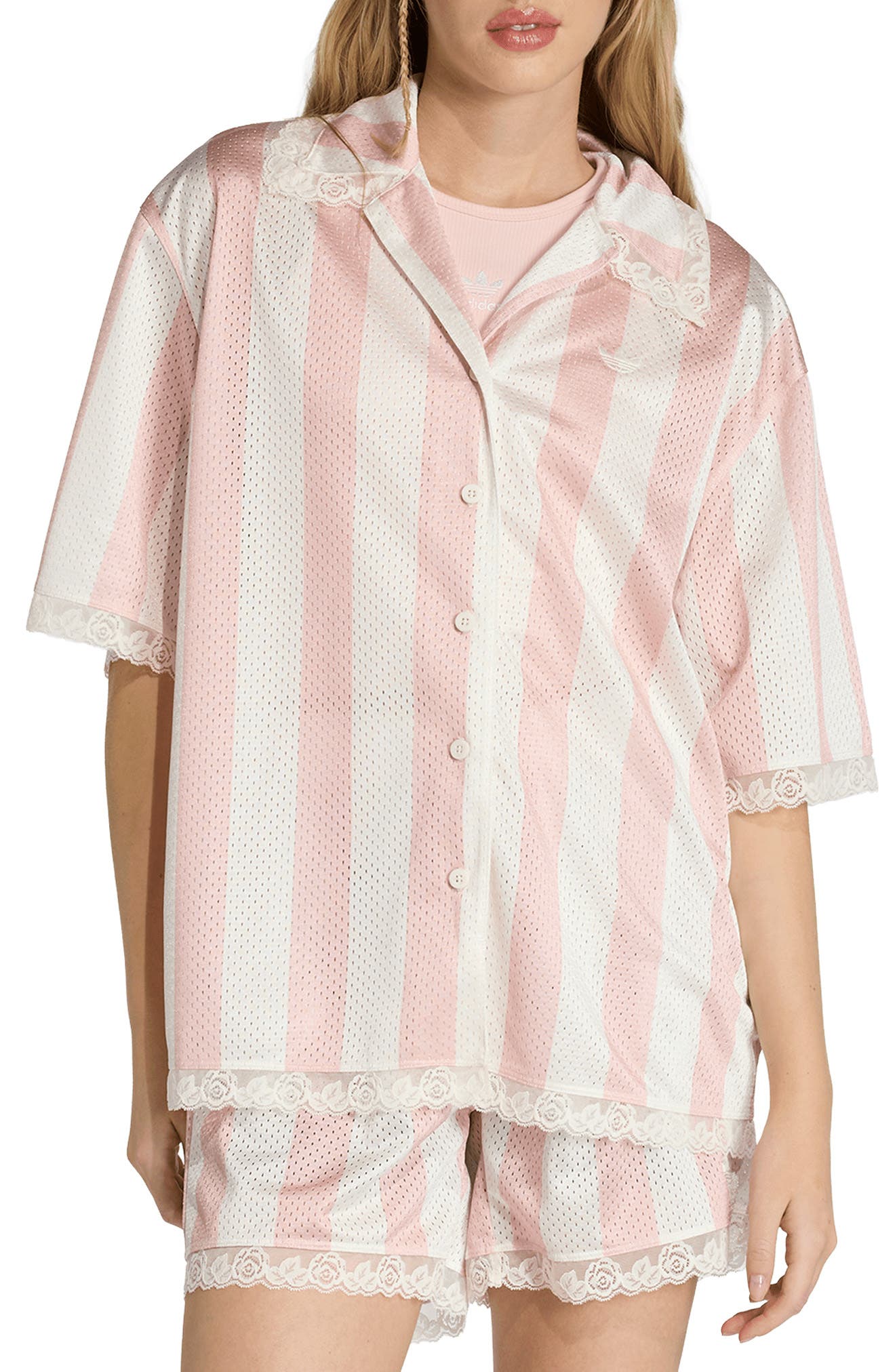 Striped Lace Trim Mesh Shirt