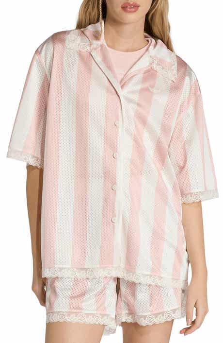Striped Lace Trim Mesh Shirt