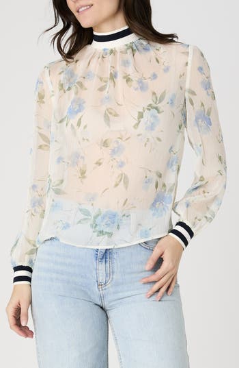 French Connection Eloise Long Sleeve Chiffon Top In Blue Floral Multi