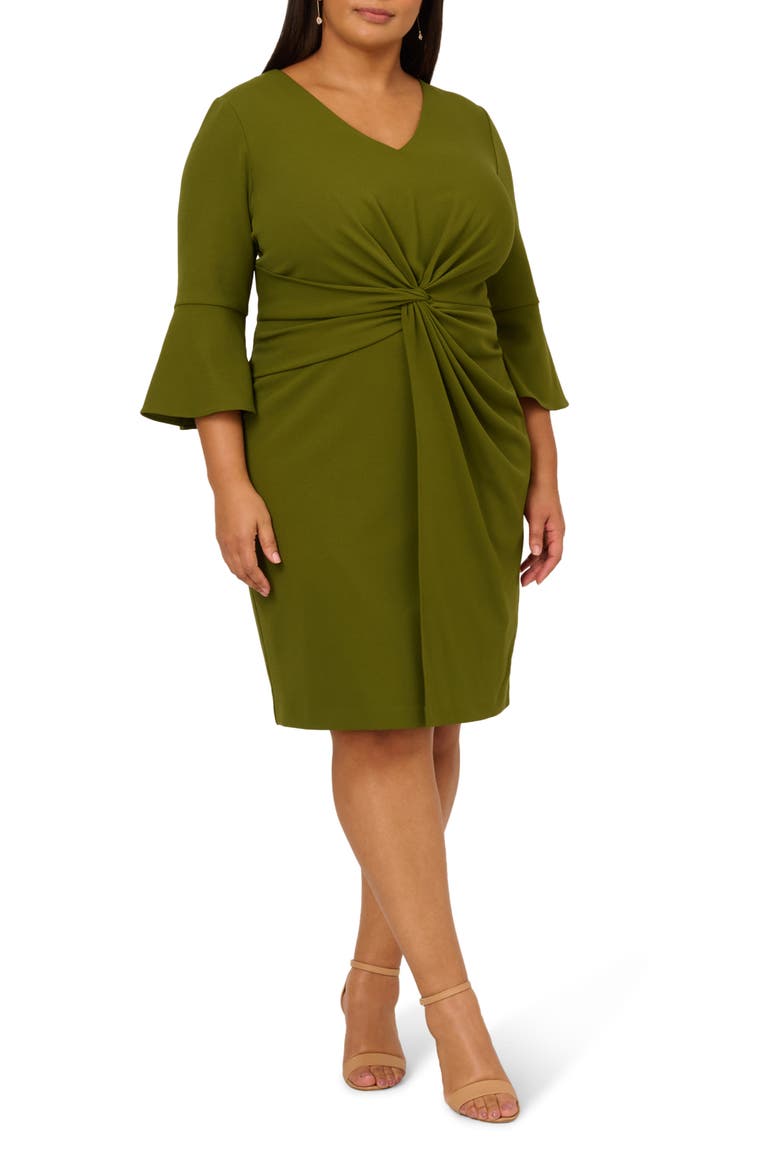 Bell Sleeve Twist Front Crepe Sheath Dress, Main, color, JUNGLE OLIVE