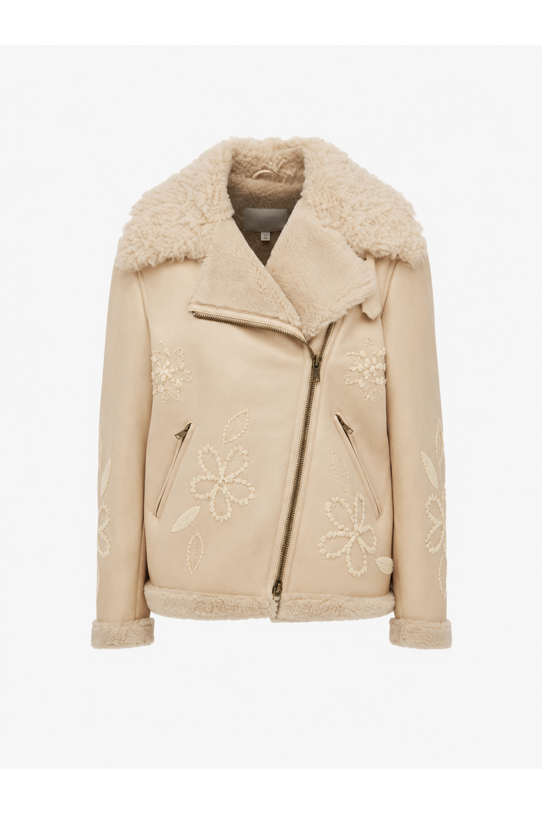 Sonor Embroidered Merino Curly Shearling Biker Jacket, Main, color, Chalk