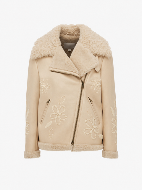 Sonor Embroidered Merino Curly Shearling Biker Jacket