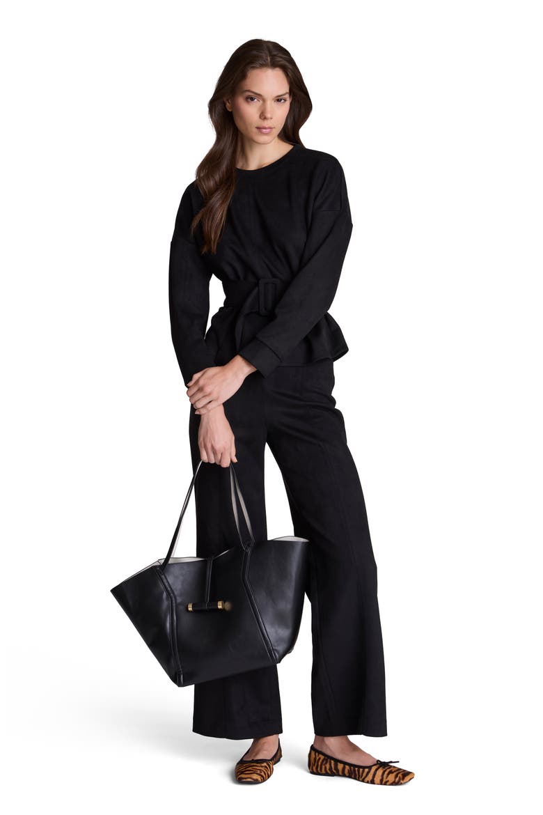 Belted Long Sleeve Crewneck Top, Alternate, color, BLACK