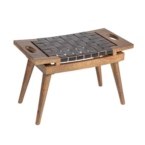 Mango Wood Stool with Woven Leather Top, Black and Natural