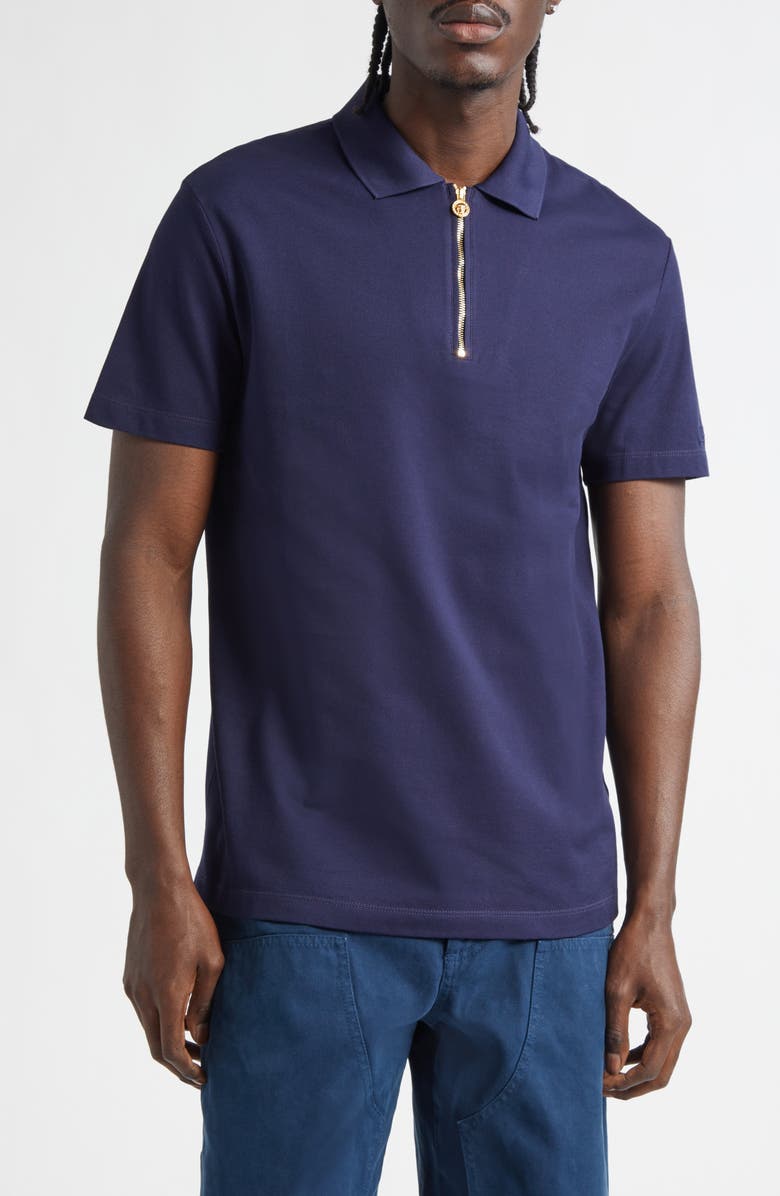 Versace Half Zip Cotton Piqué Polo, Main, color, Navy Blue