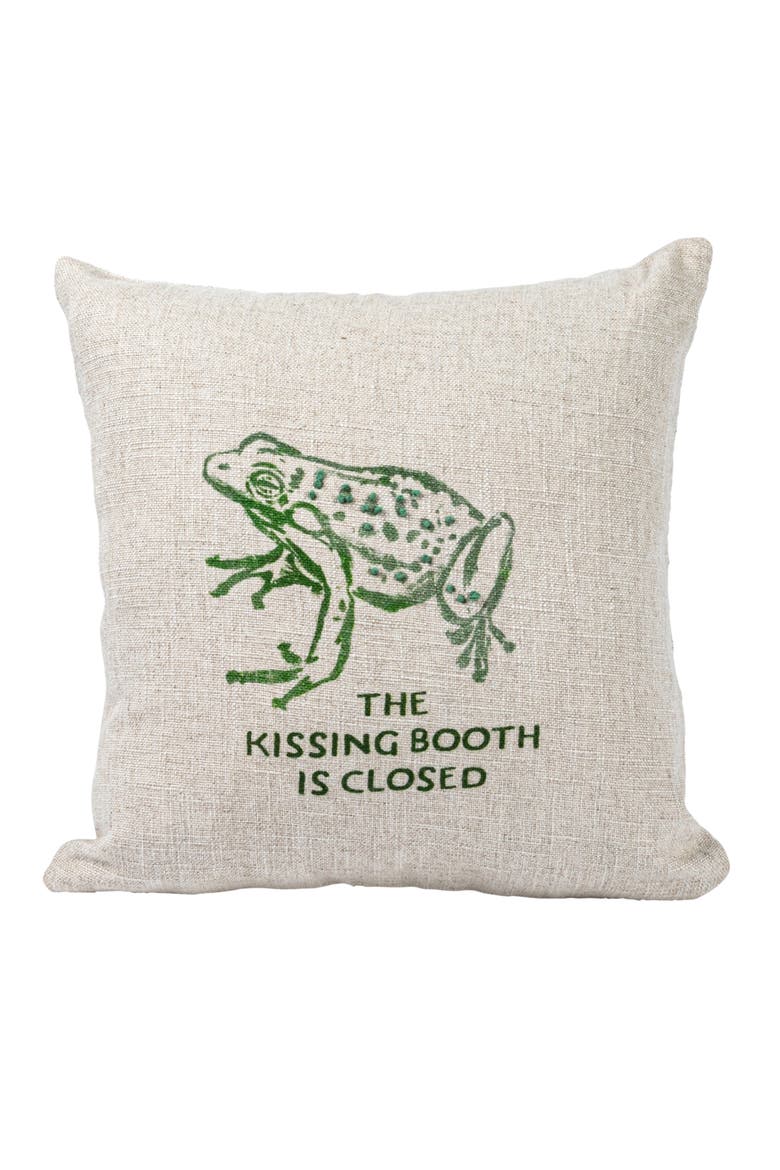 16" Square Linen Blend Printed Pillow with Frog and "The Kissing Booth is Closed" Text Prints and French Knots, Natural and Green, Alternate, color, Natural
