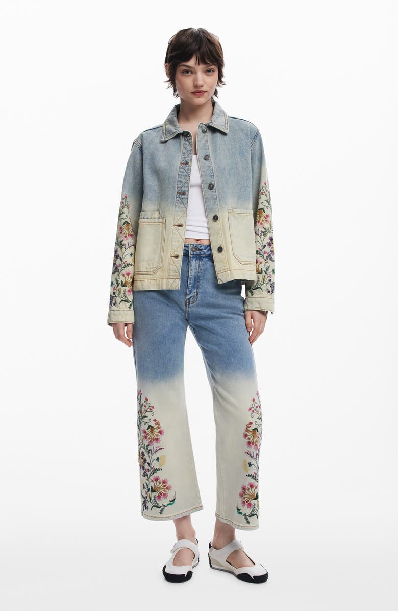 Desigual Floral Embroidery Ombré Denim Jacket, Alternate, color, Light Blue