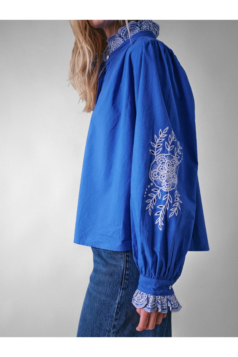 Jewel Trim Cotton Carla Blouse, Alternate, color, Cobalt Blue