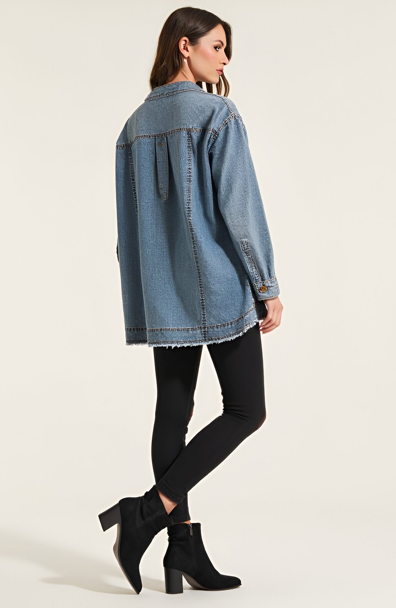 Modenaire Woven Denim Blouse with V-Neck Placket and Patch Pockets, Alternate, color, Light Wash Blue