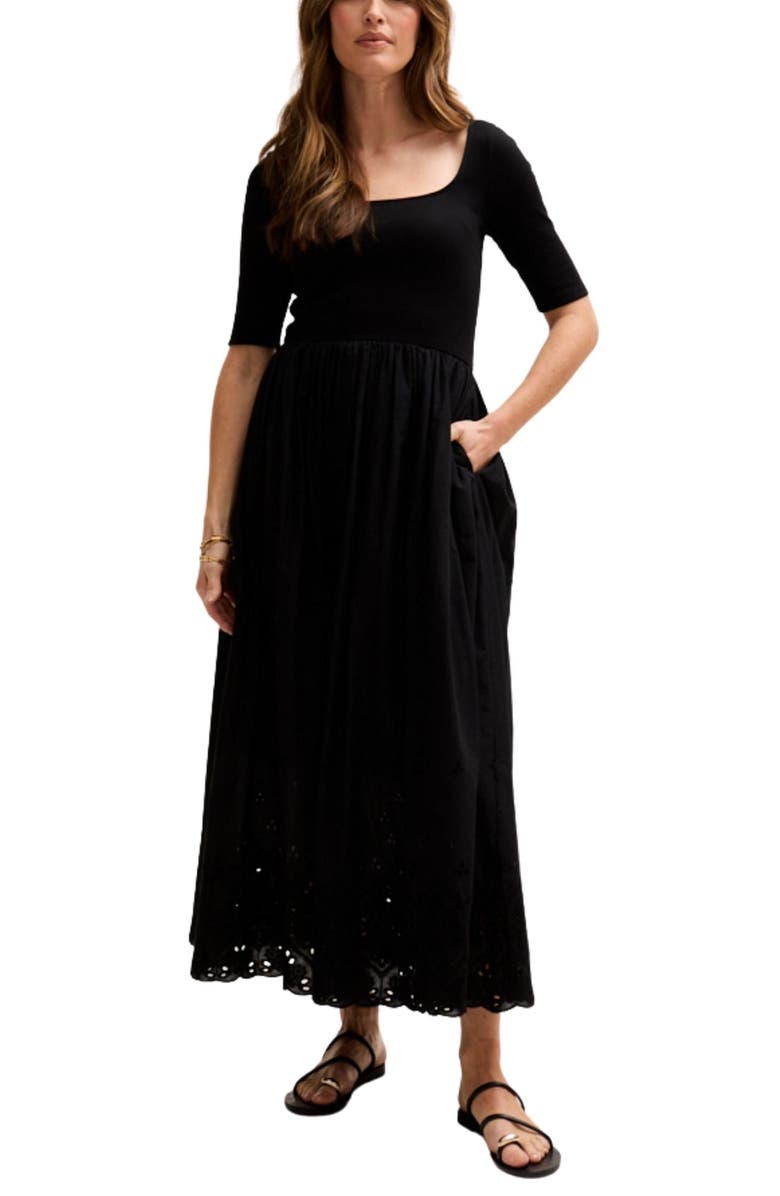 LILY AND LIONEL Sydney Short Sleeve Jersey Bodice Embroidered Midi Dress, Main, color, Black