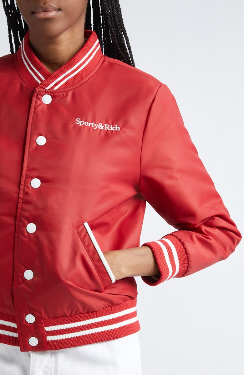 Sporty & Rich Wellness Club Embroidered Satin Varsity Jacket, Alternate, color,
