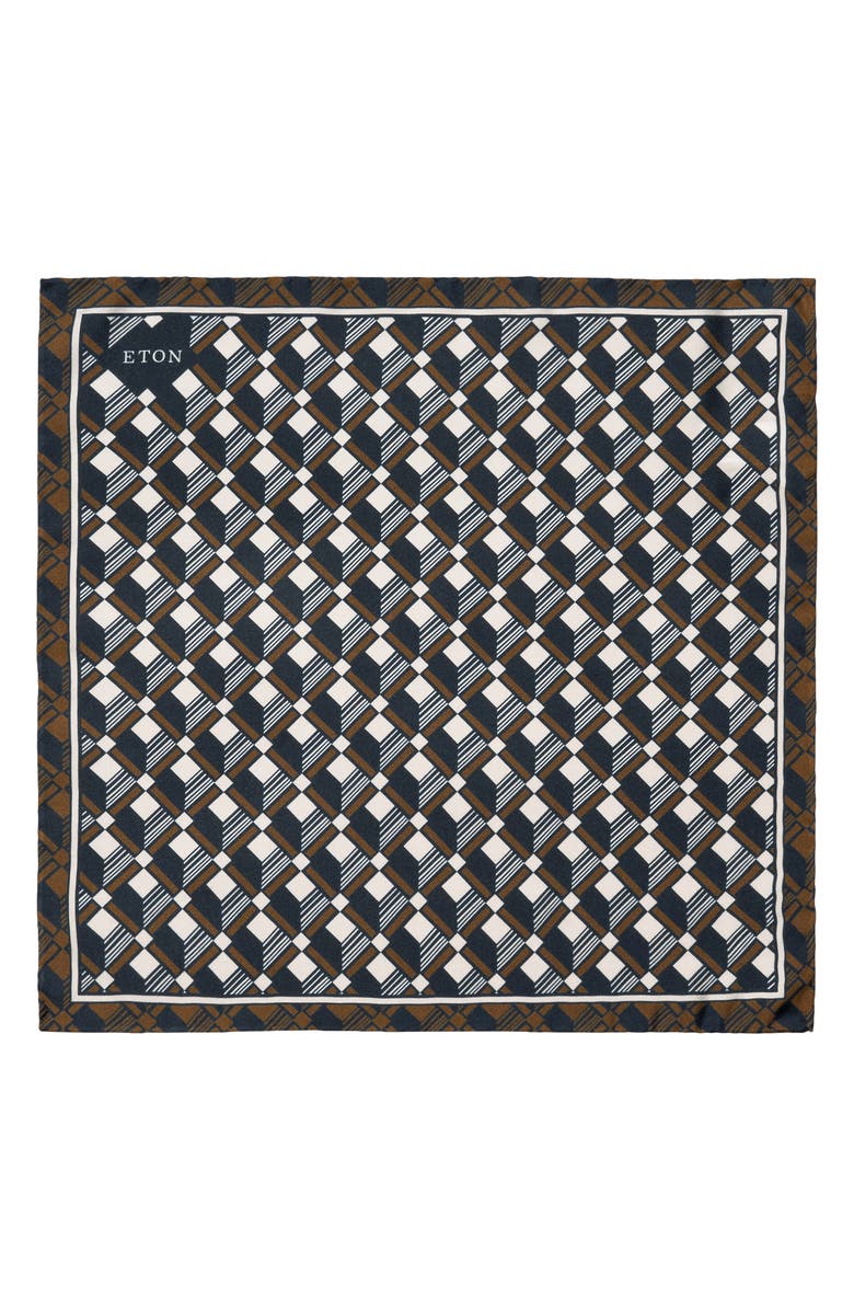 Eton Geometric Print Silk Twill Pocket Square, Alternate, color, Navy