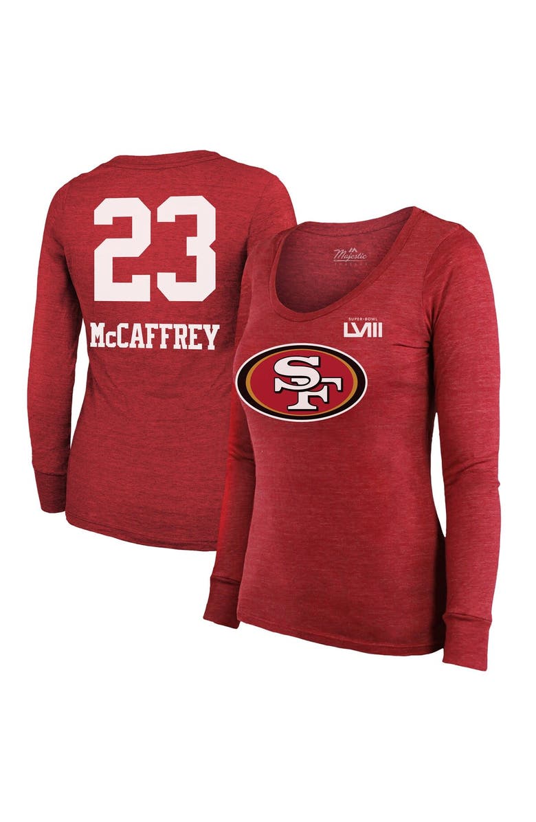 Majestic Threads Women's Majestic Threads Christian McCaffrey Scarlet San Francisco 49ers Super Bowl LVIII Scoop Name & Number Tri-Blend Long Sleeve T-Shirt, Main, color,