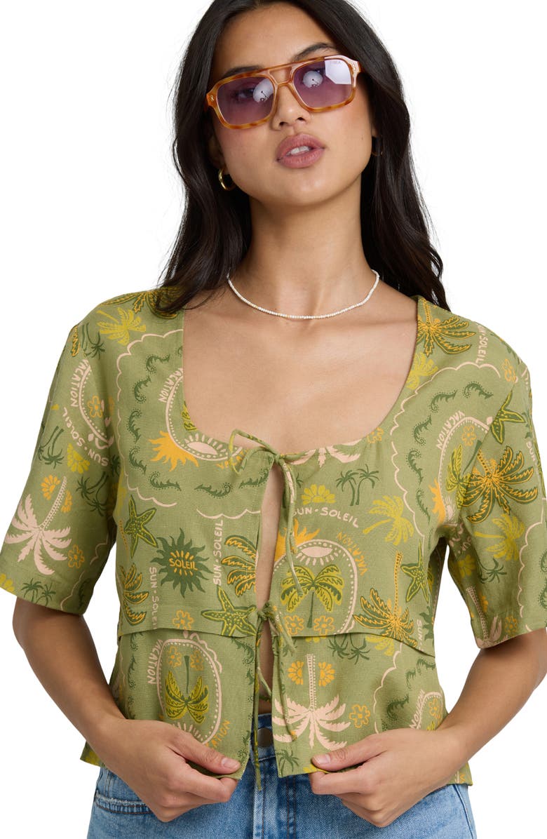 Billabong Totally Tropic Tie Front Top, Alternate, color, Cedar