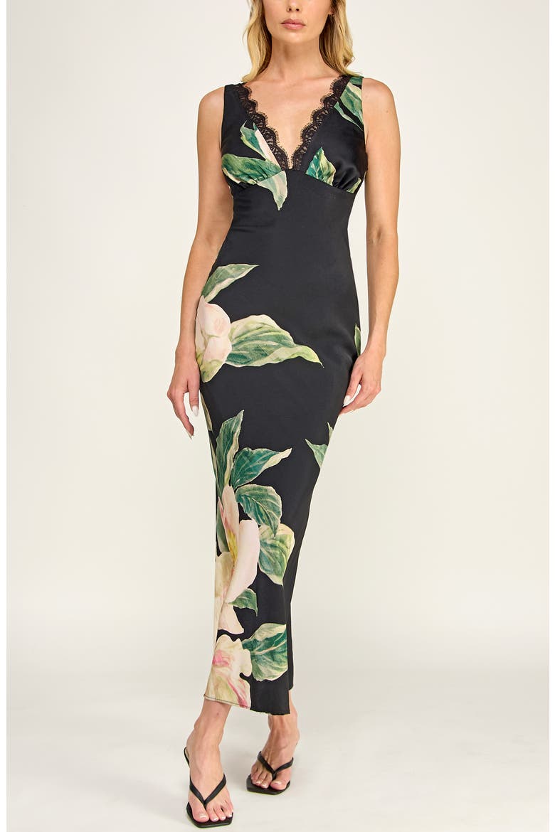 Bias Cut Floral Satin Dress, Alternate, color, BLACK GREEN